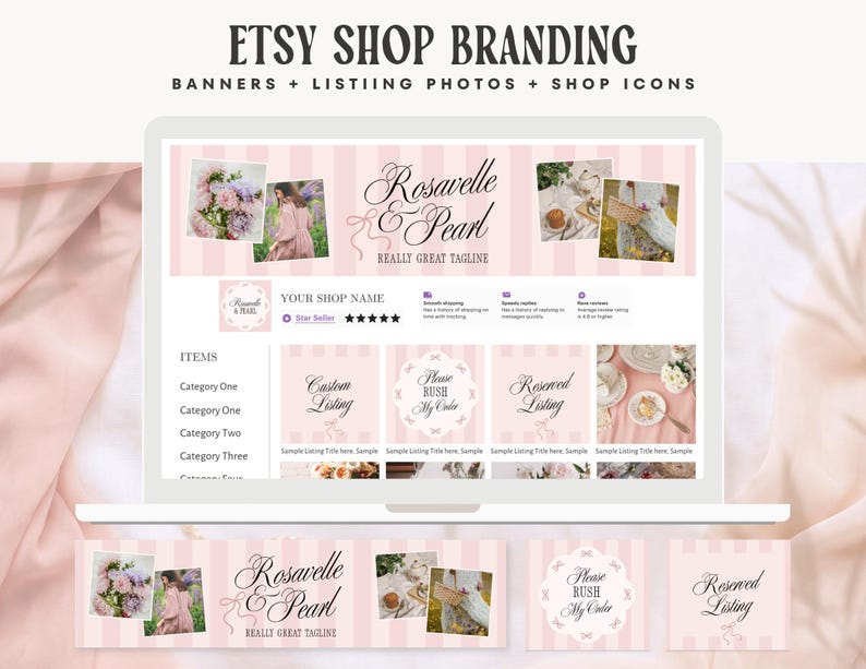 Puede incluir: Una visualizaci&oacute;n digital de un kit de marca para tienda Etsy con un tema de rayas rosa claro y blanco. El dise&ntilde;o incluye un banner de tienda con el texto Rosavelle & Pearl, iconos de tienda y plantillas de fotos con im&aacute;genes florales.