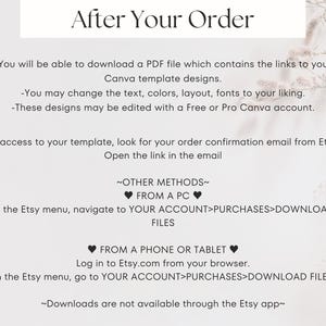 Peut inclure: Fond blanc avec le texte &laquo;&nbsp;After Your Order&nbsp;&raquo; en haut. Le texte explique comment t&eacute;l&eacute;charger un fichier PDF avec des mod&egrave;les Canva et comment acc&eacute;der au mod&egrave;le via Etsy.