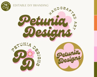 Editable Retro Flower Logo design Instant Download, Premade Groovy Boho 70s Hippie Logo, Boutique blogger Photography Logo Brand - Petunia