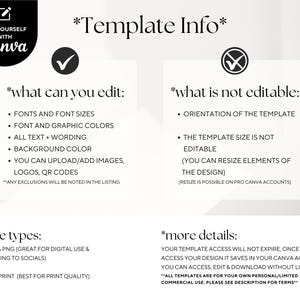 Pode incluir: Uma folha de informa&ccedil;&otilde;es de modelo digital com o texto "Edit Yourself with Canva". A folha lista recursos edit&aacute;veis: fontes, cores, texto, fundo e imagens. Ele tamb&eacute;m detalha aspectos n&atilde;o edit&aacute;veis e tipos de arquivos, incluindo JPG, PNG e PDF.