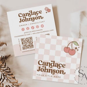 Retro Kirsche Quadrat Visitenkarte Vorlage Canva, Checker Sofortiger Download QR-Visitenkarte, süße bearbeitbare Visitenkarte, DIY Visitenkarte