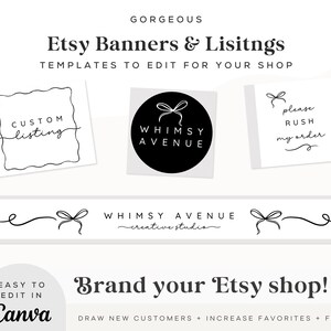 Pode incluir: Um modelo de banner Etsy em preto e branco com o texto "Etsy Banners & Listings" e "Brand your Etsy shop!". O design inclui um logotipo, uma listagem personalizada e gr&aacute;ficos "please rush my order". O texto "Easy to edit in Canva" tamb&eacute;m est&aacute; inclu&iacute;do.