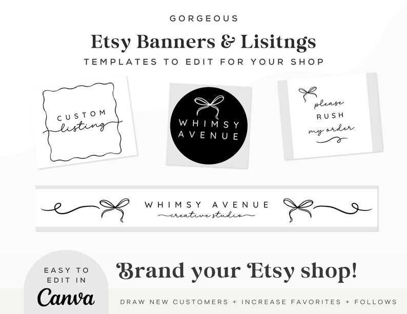 Pode incluir: Um modelo de banner Etsy em preto e branco com o texto "Etsy Banners & Listings" e "Brand your Etsy shop!". O design inclui um logotipo, uma listagem personalizada e gr&aacute;ficos "please rush my order". O texto "Easy to edit in Canva" tamb&eacute;m est&aacute; inclu&iacute;do.