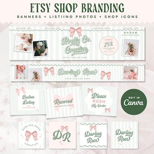 Könnte beinhalten: Etsy Shop Branding Elemente, einschließlich Banner, Produktfotos und Shop-Icons. Das Design zeigt eine sanfte Farbpalette aus Rosa, Grün und Weiß, mit Schleifenakzenten und den Texten "Pretty Co. Creative" und "Darling Rose". Enthält Vorlagen für individuelle Angebote und Eilaufträge.