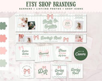 Coquette Bow Etsy Store Branding Kit, Editable Whimsical Pink Green Canva Small Business Templates, Banners Listing Photos & Shop Icons lexi