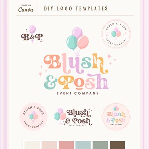 Pastel Balloon Logo Canva Template | Event Planner Logo Kit | Editable DIY Retro Party Business Logo | Feminine Small Business Branding Posh image 11