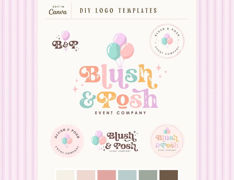 Pastel Balloon Logo Canva Template | Event Planner Logo Kit | Editable DIY Retro Party Business Logo | Feminine Small Business Branding Posh image 11