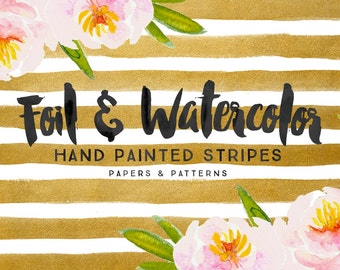 Gold foil & Watercolor Stripes digital papers - digital patterns - instant download