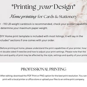 K&ouml;nnte beinhalten: Wei&szlig;er Hintergrund mit Text zum Drucken von Designs f&uuml;r Karten und Schreibwaren. Der Text enth&auml;lt Empfehlungen f&uuml;r das Kartengewicht, DIY-Vorlagen f&uuml;r den Heimdruck und professionelle Druckoptionen. Der Text gibt auch Ratschl&auml;ge zu den Druckereinstellungen.