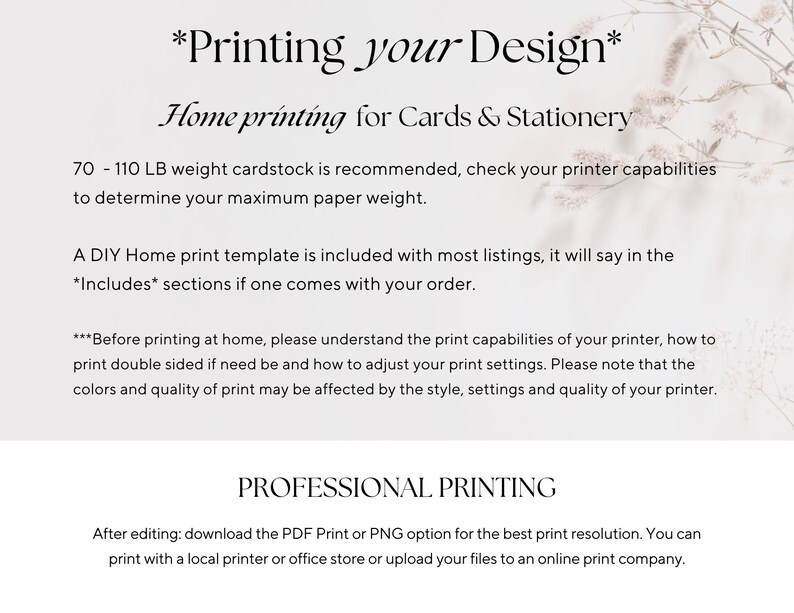 K&ouml;nnte beinhalten: Wei&szlig;er Hintergrund mit Text zum Drucken von Designs f&uuml;r Karten und Schreibwaren. Der Text enth&auml;lt Empfehlungen f&uuml;r das Kartengewicht, DIY-Vorlagen f&uuml;r den Heimdruck und professionelle Druckoptionen. Der Text gibt auch Ratschl&auml;ge zu den Druckereinstellungen.