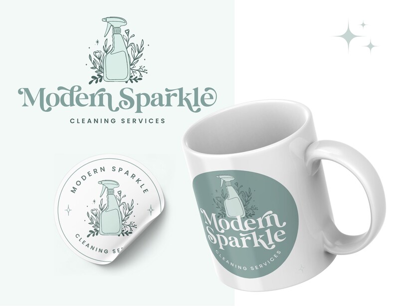 May include: A white mug with a green circle design featuring a cleaning spray bottle and the text "Modern Sparkle Cleaning Services".
