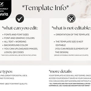 May include: A white graphic with text detailing editable and non-editable features of a Canva template. The text includes information on fonts, colours, wording, and file types (JPG, PNG, PDF). The image also includes the Canva logo.