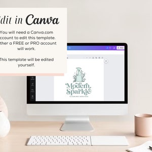 May include: A computer screen displaying a Canva design template for a cleaning service logo. The logo features a green cleaning spray bottle with leaves and the text "Modern Sparkle Cleaning Services".