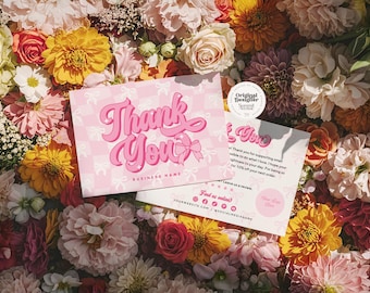 Coquette Bow Thank You Card, Editable Customer Thank You Business Packaging, DIY Trendy pink Retro Thank You Insert Canva Template, Lexi
