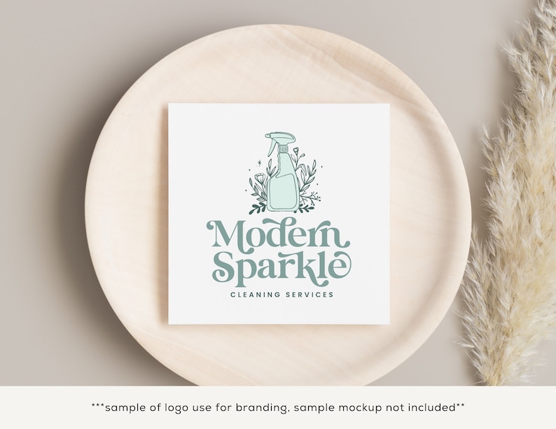 May include: A logo design for a cleaning service called "Modern Sparkle" featuring a stylized illustration of a spray bottle with flowers and the text "Modern Sparkle Cleaning Services".