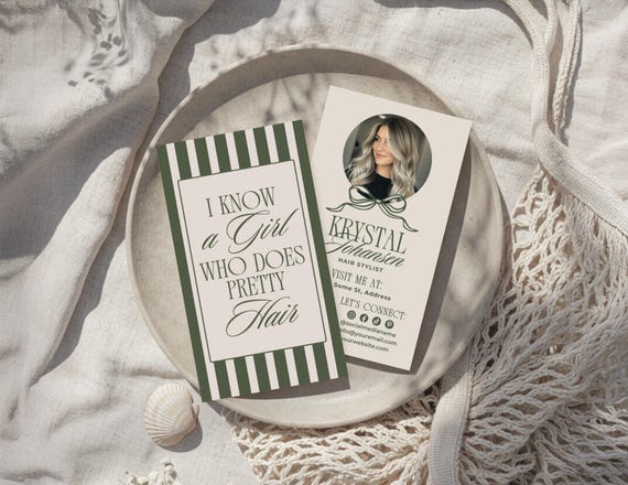 Elegant Hair Stylist Business Card Template Canva QR Code, Luxury Hair Salon Business Branding,  Luxe Editable Business Card Template, Olive