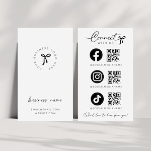 Bow Moderne Social Media Schließen Sie sich mit uns Visitenkarte Canva Vorlage, QR-Code Like und verbinden Einsatz, Snap & Teilen Danke 2x3.5, Beau