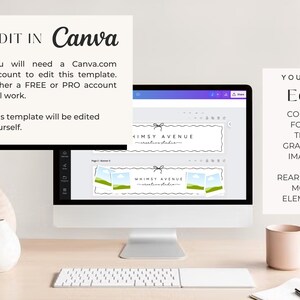 Pode incluir: Um monitor de computador exibe um modelo Canva com o texto "HIMSY AVENUE". A tela mostra elementos edit&aacute;veis, incluindo cores, fontes, texto, gr&aacute;ficos e imagens. O texto "EDIT IN Canva" tamb&eacute;m &eacute; vis&iacute;vel.