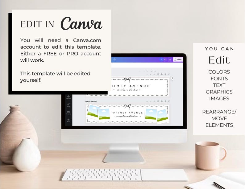 Pode incluir: Um monitor de computador exibe um modelo Canva com o texto "HIMSY AVENUE". A tela mostra elementos edit&aacute;veis, incluindo cores, fontes, texto, gr&aacute;ficos e imagens. O texto "EDIT IN Canva" tamb&eacute;m &eacute; vis&iacute;vel.