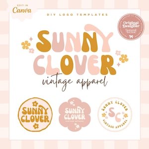 DIY Retro Floral Logo design Canva template, Editable Colorful flower Boho Hippie Logo Set, DIY Trendy Rainbow groovy Brand patterns, Clover