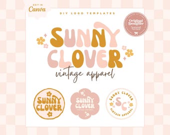 Szablon Canva z logo w stylu retro z motywem kwiatowym, edytowalny zestaw logo w stylu boho hippie z kolorowymi kwiatami, modne wzory marki w stylu tęczy, koniczyna