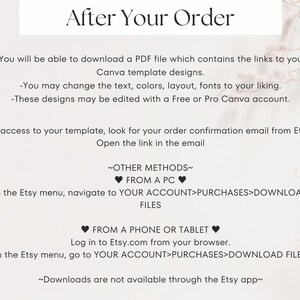 May include: A white background with the text "After Your Order" at the top. The text provides instructions on how to download a PDF file with Canva template designs, change text, colours, and fonts, and access the template via Etsy.