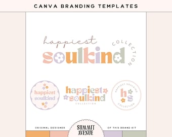 Editable Boho Floral Logo Design Instant Download, DIY Retro colorful Small Business Logo, Fun Bright Logo Set, Rainbow logo Branding, Happi