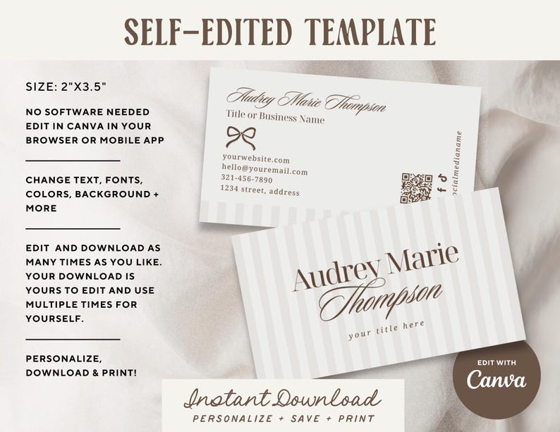 Puede incluir: Plantilla autoeditada para tarjetas de visita, tama&ntilde;o 5,08 cm x 8,89 cm, con un dise&ntilde;o a rayas beige claro y blanco. Las tarjetas muestran el nombre "Audrey Marie Thompson" e incluyen campos editables para el t&iacute;tulo, el sitio web y la informaci&oacute;n de contacto. La plantilla es editable en Canva.