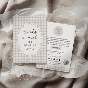May include: Two rectangular thank you cards with a beige and white gingham pattern. The front card features a scalloped oval frame with the text thanks so much FOR SHOPPING SMALL. The back card includes space for a logo, text, and social media icons.