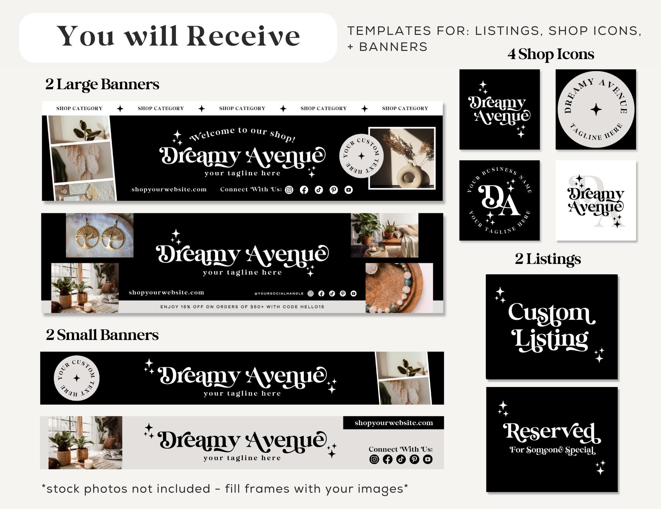 Editable Retro Etsy Shop Template Kit Canva, Modern Black and White ...