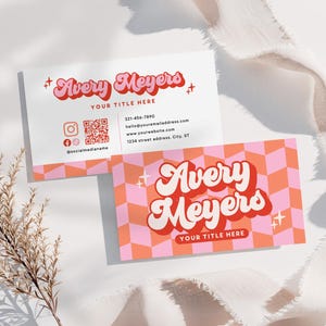 Retro Visitenkarte Vorlage Canva QR-Code, TrendyBright Checker Bearbeitbare Visitenkarte, DIY Spaß 70er Jahre Visitenkarte Vorlage, Avery