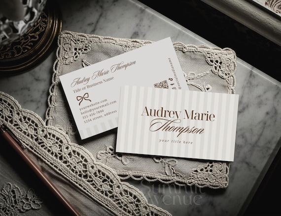Neutral Luxury Business Card Canva Template – Elegant Minimalist Branding Card | Vintage Stripe Coquette Business Card with QR Code - Cocoa