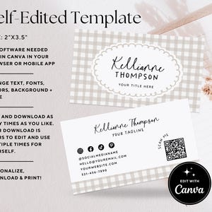 May include: A business card template with the text "Self-Edited Template" and "Edit with Canva." The card is 2" x 3.5" and features a gingham pattern and the name "Kellianne Thompson." Includes social media icons and a QR code.
