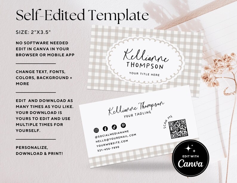 May include: A business card template with the text "Self-Edited Template" and "Edit with Canva." The card is 2" x 3.5" and features a gingham pattern and the name "Kellianne Thompson." Includes social media icons and a QR code.