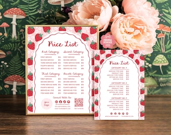 Strawberry DIY Printable Price List Canva Template, Coquette Editable Pricing Sheet, Salon Price List, Pricing Guide Sign Market Price Sheet