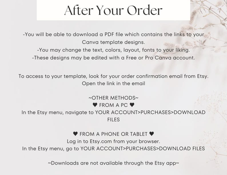 May include: A white background with the text "After Your Order" at the top. Instructions detail how to download Canva template designs after purchase, including accessing the PDF file and editing options. Additional methods for downloading are provided for PC and mobile devices.
