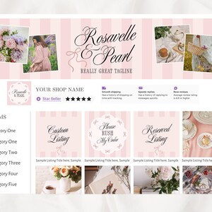 Puede incluir: Una plantilla de banner para tienda digital con fondo de rayas verticales en rosa claro y blanco, el texto Rosavelle & Pearl y Really Great Tagline, cuatro marcos de fotos y un men&uacute; de navegaci&oacute;n con marcadores de posici&oacute;n de categor&iacute;a.