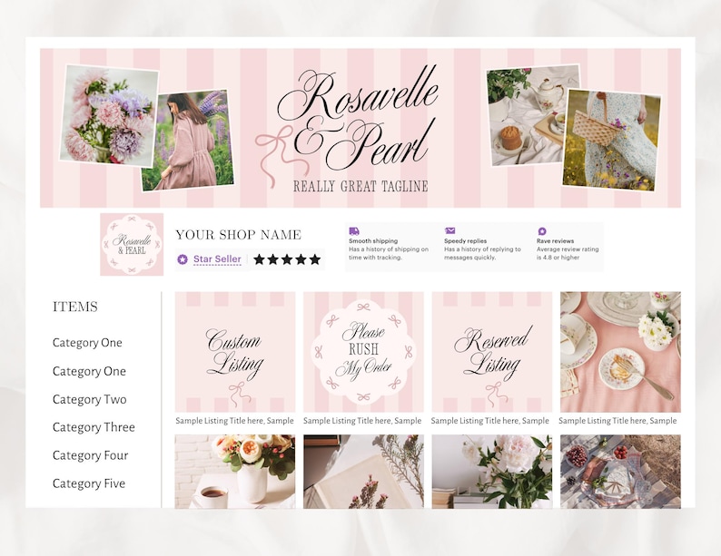 Puede incluir: Una plantilla de banner para tienda digital con fondo de rayas verticales en rosa claro y blanco, el texto Rosavelle & Pearl y Really Great Tagline, cuatro marcos de fotos y un men&uacute; de navegaci&oacute;n con marcadores de posici&oacute;n de categor&iacute;a.