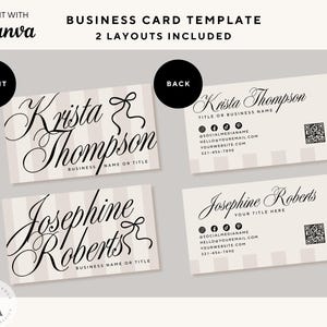 May include: Business card template with two layouts. The front of the cards features names in elegant script, with space for a business name or title. The back includes social media icons, contact information, and a QR code. The cards have a striped background.