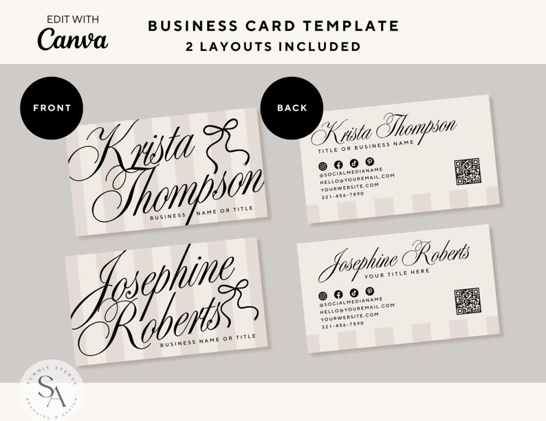 May include: Business card template with two layouts. The front of the cards features names in elegant script, with space for a business name or title. The back includes social media icons, contact information, and a QR code. The cards have a striped background.