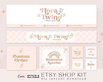 Editable Etsy Shop Kit, DIY 70s Boho Floral Etsy Seller Success, Modern Etsy Shop Branding Kit Canva, Etsy Banner & Listing Templates, Twine