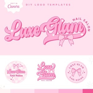 Coquette Aesthetic Logo Design Template, Pink Bow Ribbons Sparkles Monogram Logo - Trendy Pink Retro Logo Branding Canva Template, Lexi