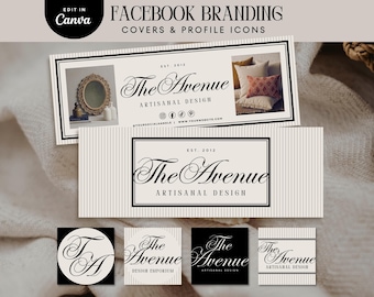 May include: A collection of Facebook branding templates, including covers and profile icons. The designs feature the text "The Avenue ARTISANAL DESIGN" in elegant script, with a neutral color palette and a striped background. The templates are designed to be edited in Canva.