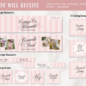 Puede incluir: Un conjunto de plantillas digitales con rayas verticales de color rosa claro y blanco. Incluye dos pancartas grandes, tres im&aacute;genes de listado, dos pancartas de recibo y cuatro iconos de tienda. El texto incluye Cottage Co. Mercantile, Rosavelle & Pearl, Custom Listing, Please Rush My Order, Reserved Listing y Thank You.