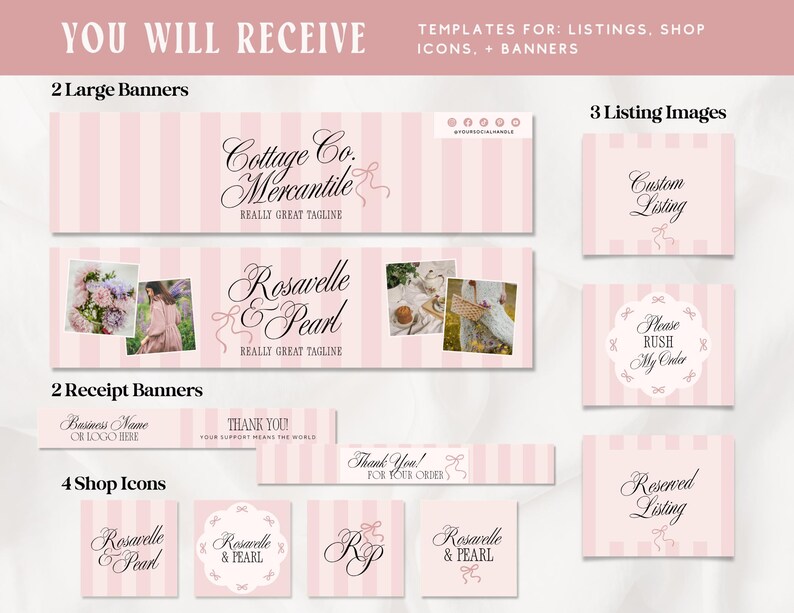 Puede incluir: Un conjunto de plantillas digitales con rayas verticales de color rosa claro y blanco. Incluye dos pancartas grandes, tres im&aacute;genes de listado, dos pancartas de recibo y cuatro iconos de tienda. El texto incluye Cottage Co. Mercantile, Rosavelle & Pearl, Custom Listing, Please Rush My Order, Reserved Listing y Thank You.