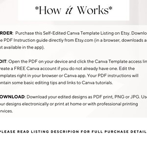 May include: A white background with black text explaining how to use a Canva template. The text includes the steps to order, edit, and download the template.