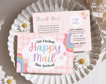 Cottagecore Rainbow Thank You Card Canva Template, Editable Cute Pink Gingham floral Packaging for Small Businesses, Girly Order Insert, Jan