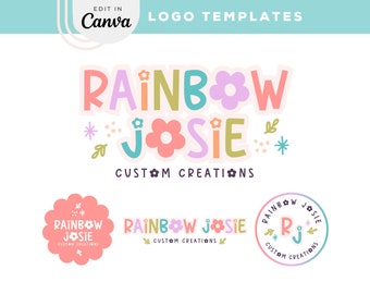 Rainbow Logo Design Template, Editable Canva Logo Design, Retro Rainbow Logo for Small Business, Colorful Logo With Stars +  Sparkles, Josie