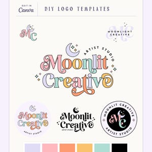 Retro Moon & Stars Logo template set, Colorful Celestial Branding Kit, DIY Editable Boho Boutique small business Pastel Brand, Moonlit
