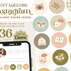 Könnte beinhalten: Ein Set mit 36 Cottagecore-Instagram-Highlight-Covern. Die Icons zeigen eine Vielzahl von niedlichen und skurrilen Designs, darunter Schmetterlinge, Pilze, Blumen, Bücher und Kaffeetassen. Die Icons sind perfekt, um Ihrem Instagram-Profil einen Hauch von Charme zu verleihen.